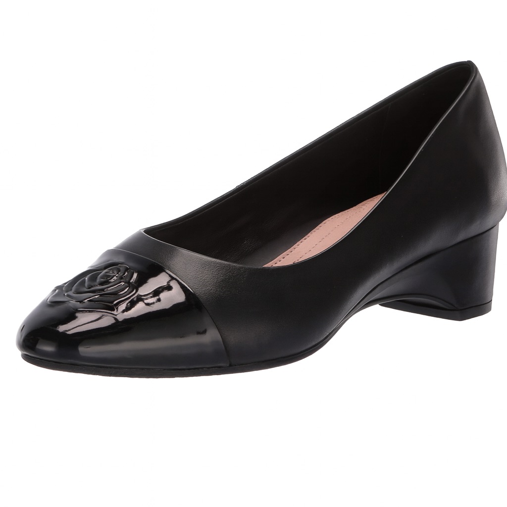 Taryn Rose Black Bridget Leather Wedge Pump With Embossed Rose Detail Size 6b